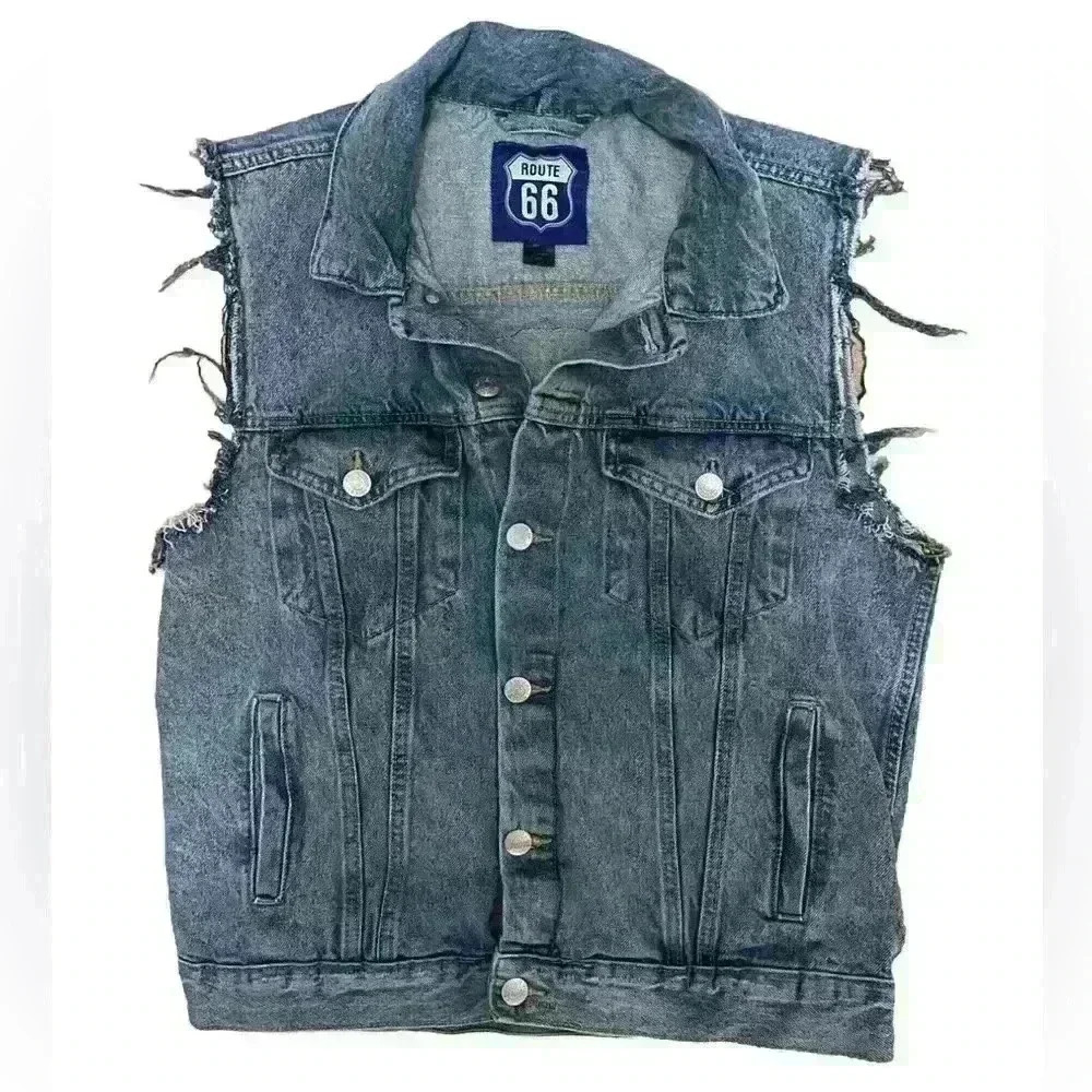 Vintage Route 66 Denim Cutoff Jacket Vest Custom With Skull And Vans Patch M